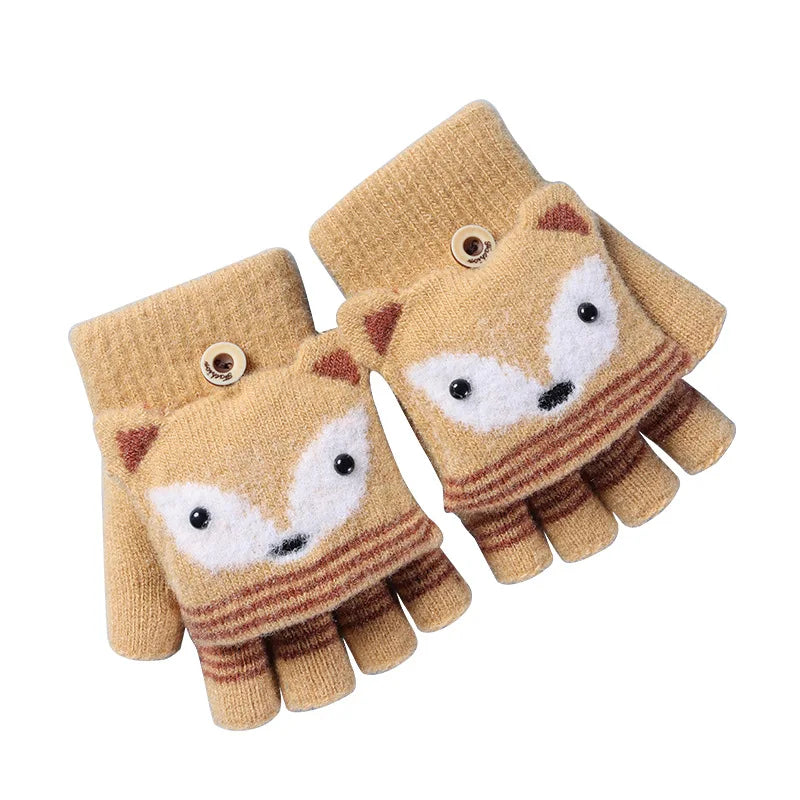 6-10 Years Old Boy Girl Fur Wool Knit Kid Soft Half Finger Flip Glove Children Winter Warm Cute Cartoon Fox Knit Mitten I89