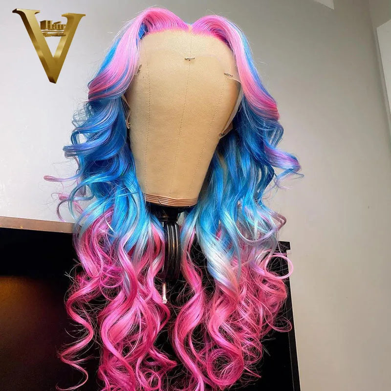 Ombre Pink Blue Colored Human Hair Wigs Brazilian Remy Transparent Lace Front Wigs For Women Preplucked Body Wave HD Frontal Wig