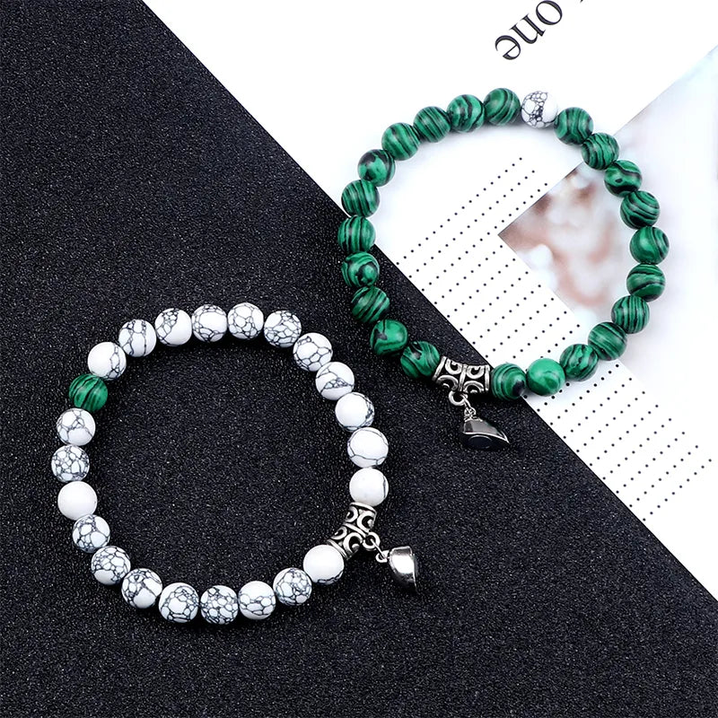 Hot Sale 2Pcs/Set Beads Bracelet For Lovers Natural Stone Distance Heart Magnet Couple Bracelets Friendship Fashion Jewelry Gift