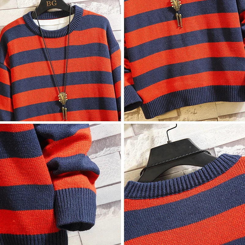 Autumn Winter Contrast Stripe Knitted Sweater 6 Color Men And Women's Pullover Black Red Striped Oversized Sweater Hot Sale