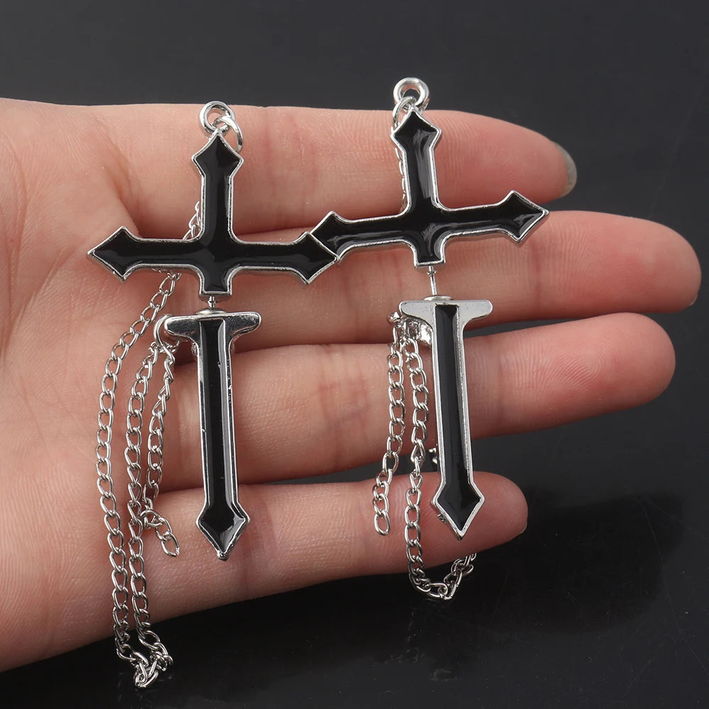 Gothic Punk Black Cross Drop Earrings for Teens Vintage Rock Pride Long Chain Ear Cuffs Ear Clips Women Earrings Girls Jewelry