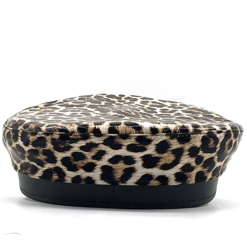 New autumn winter PU Beret Hats For Women French Berets Female Leopard print Berets Black Berets With Adjustable Rope