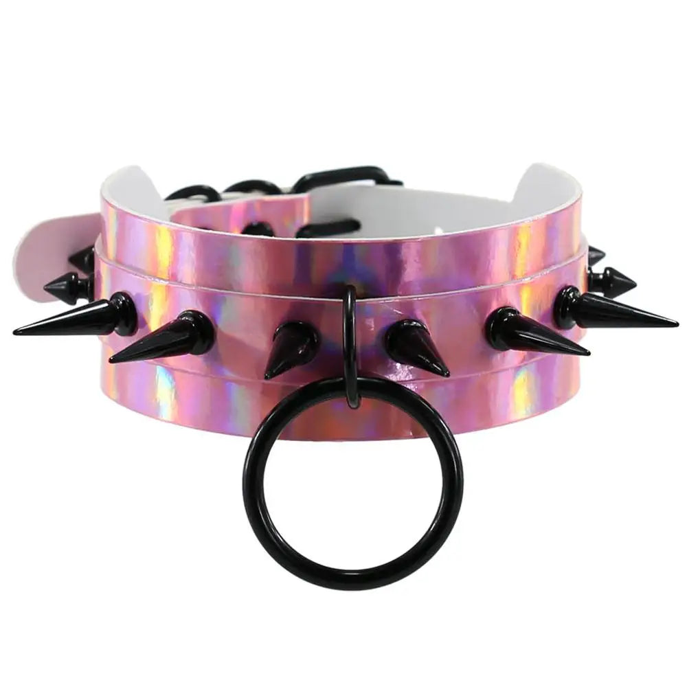 Punk Gothic Black Rivets Spike Laser Hologram PU Leather Choker Necklace for Women Holographic Harness Collar Anime Jewelry Gift