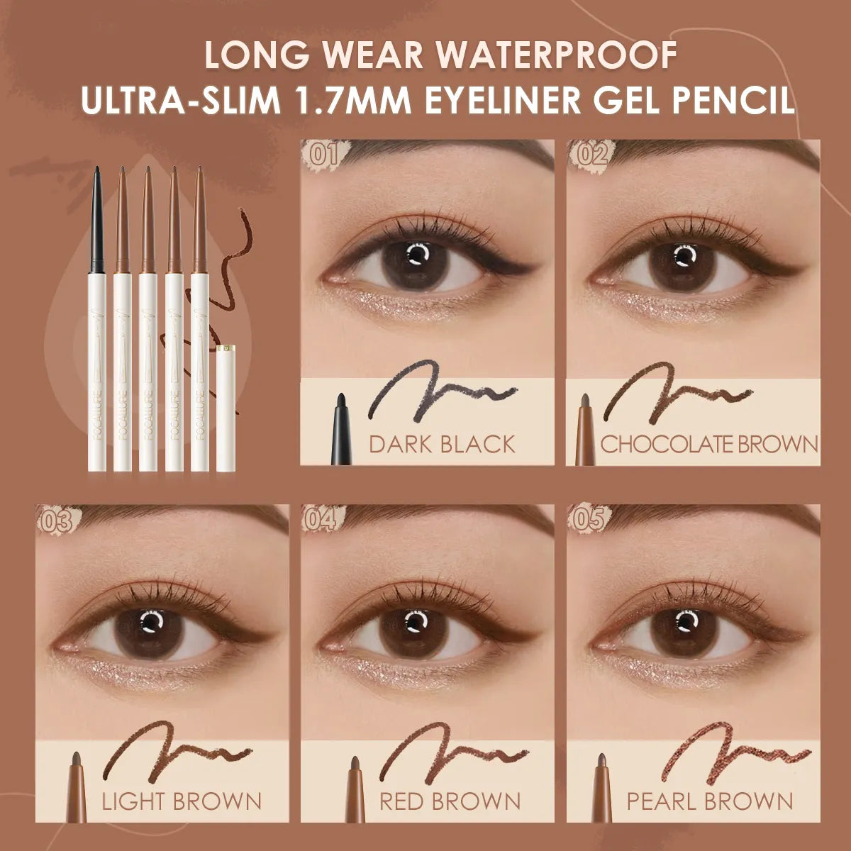 FOCALLURE Waterproof Ultra-slim Eyeliner Gel Pencil Soft High Pigment Professional Long-lasting Eyes Liner Makeup Tool Cosmetics