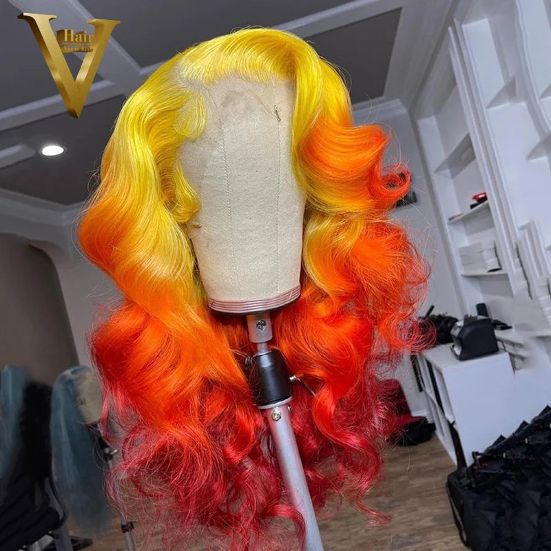 Ombre Yellow Orange Colored Human Hair Wigs For Women Red Brown Body Wave Lace Front Wig Preplucked Transparent Lace Frontal Wig