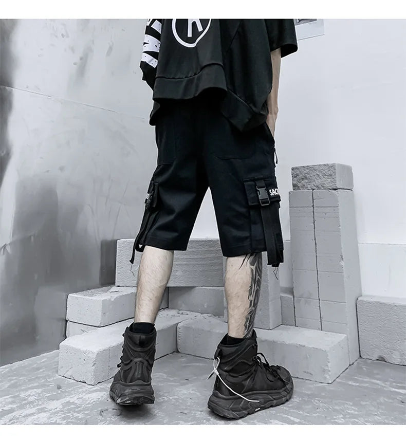 Summer Men Shorts Techwear Japanese Harajuku Fashion Hip Hop Punk Streetwear Cargo Shorts for Male Joggers Ribbons Baggy Clothes