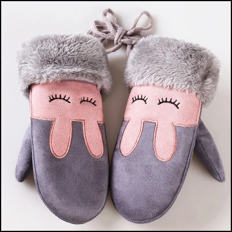 Fashion Lovely Children's Winter Thick Cashmere Warm Cartoon Rabbit Bear Suede Leather Gloves Boy/Girl Faux Sheepskin Glove 100A