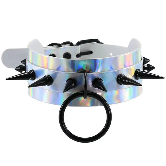 Punk Gothic Black Rivets Spike Laser Hologram PU Leather Choker Necklace for Women Holographic Harness Collar Anime Jewelry Gift