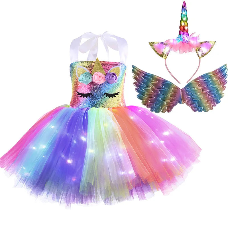 Evening Unicorn Dress LED Light Shiny Flower Girls Costumes for Birthday Party Halloween Cosplay Costume Kids Christmas Clothing