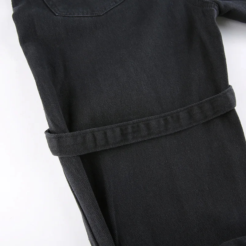 Eyelet Buckle Cyber Punk Goth Baggy Jeans Y2K Woman Techwear Dark Academic Solid E Girl Cargo Pants Denim Gothic Hippie Trousers