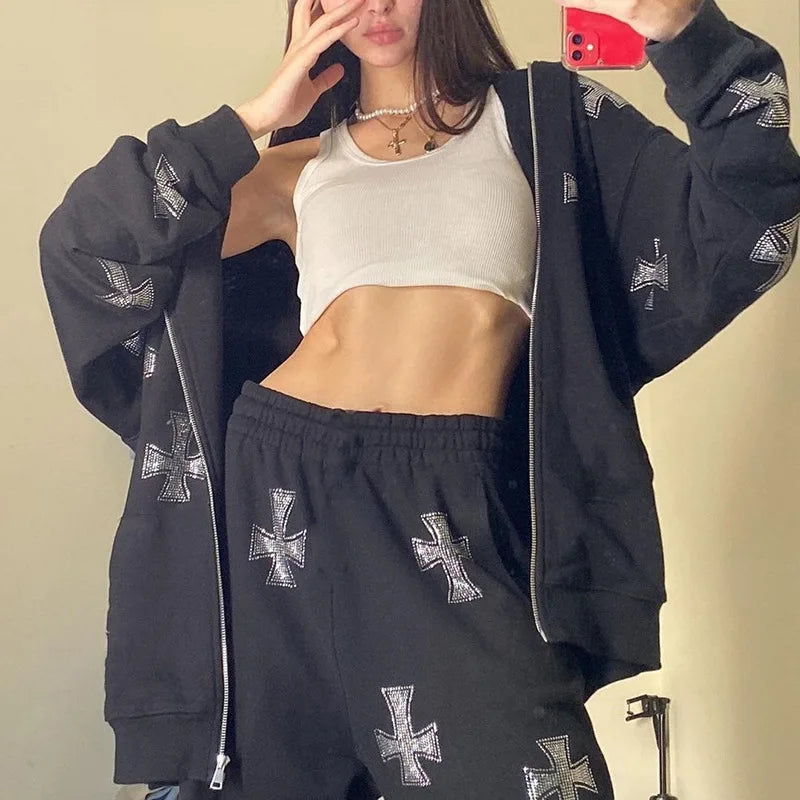 Spring Autumn Rhinestone Cross Sweatpants Y2k Grunge Joggers High Waisted Baggy Pants Streetwear Korean Fashion Women Clothes