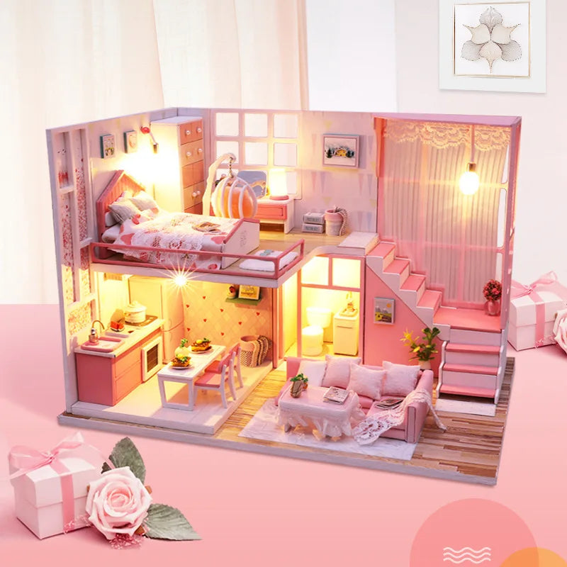 DIY Doll House Wooden Blocks Miniature Warm Romantic Dollhouse Model Building Kit Toys Children Christmas Birthday Kawaii Gifts