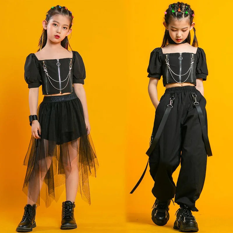 Kids Punk Hip Hop Clothing Square Neck Puff Sleeve Crop T Shirt Pleated Mesh Skirt Pant For Girls Jazz Dance Costume Set Clothes