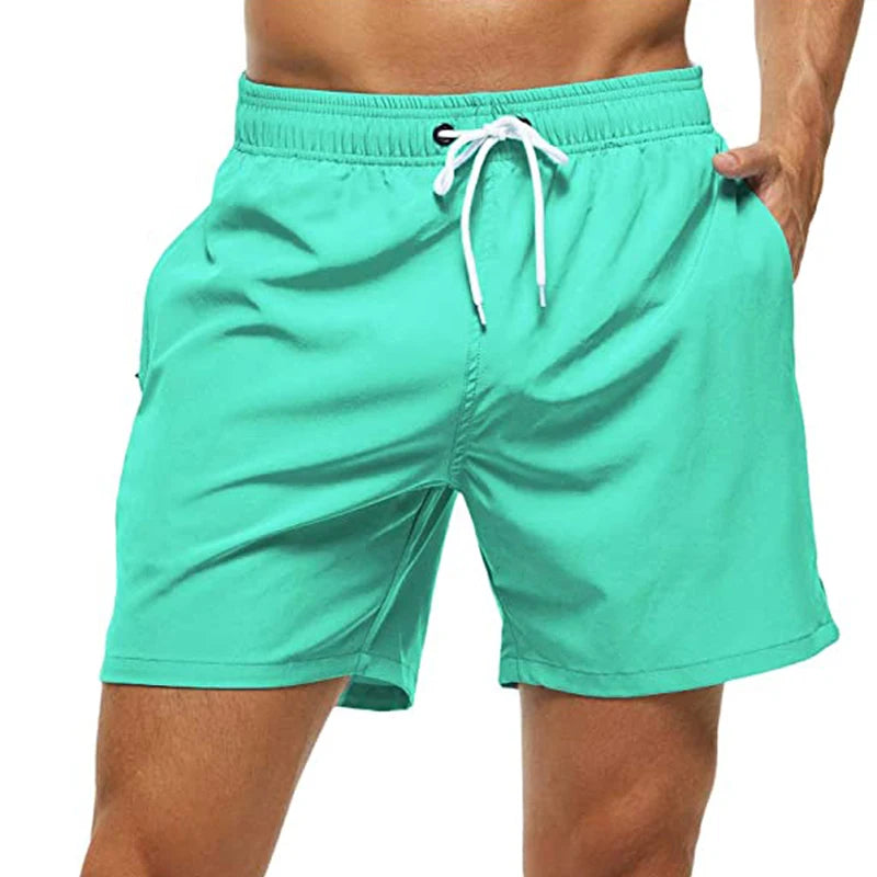 Elastic Closure Men's Swim Trunks Quick Dry Beach Shorts with Zipper Pockets and Mesh Lining