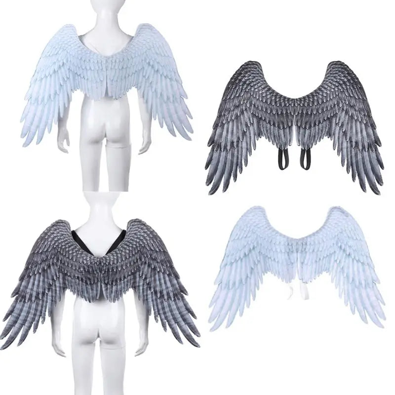 Adult Kids Halloween Black White Non Woven Feathers Angel Wings Evil Cosplay Costume Mardi Gras Pretend Play Dress Up Accessory