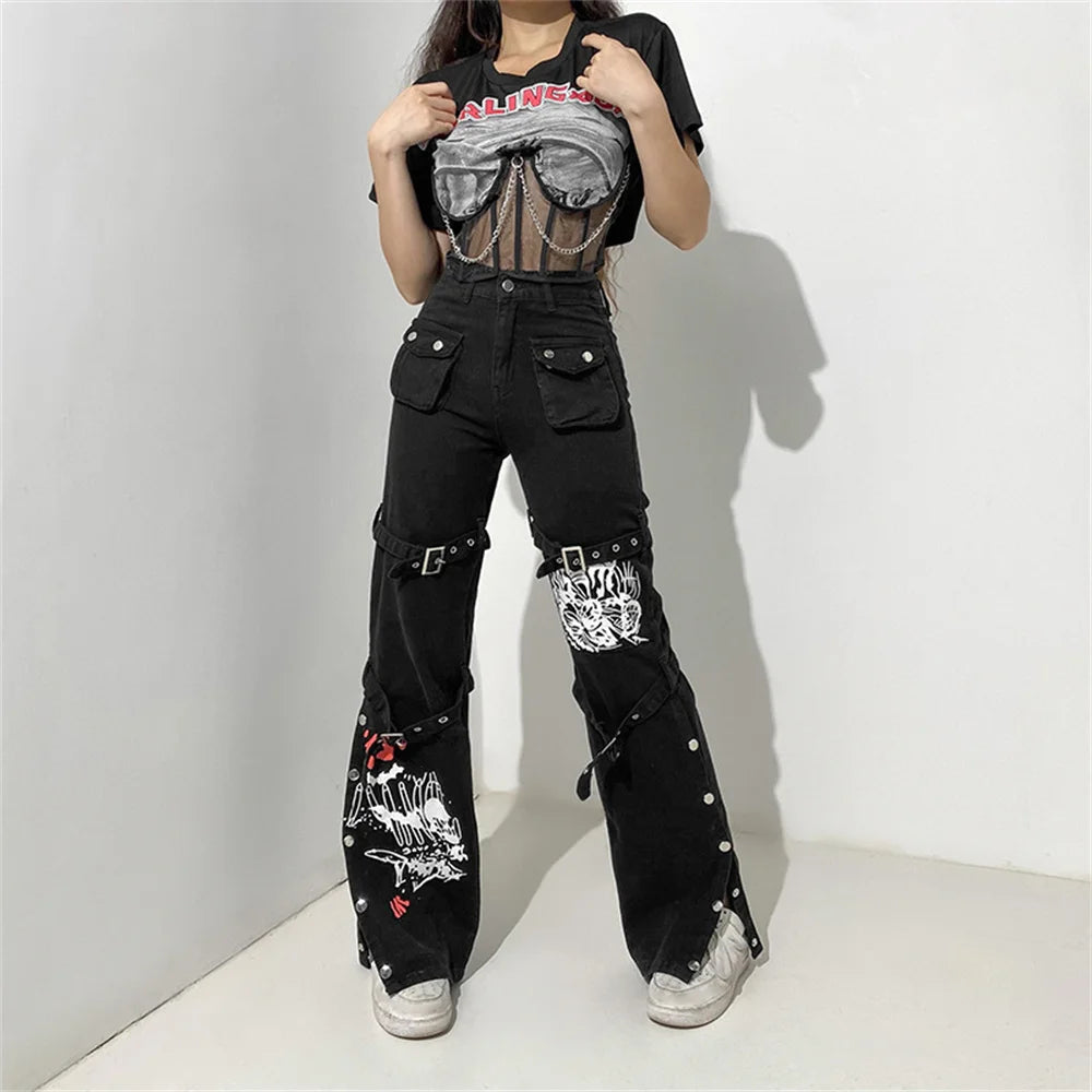 Eyelet Buckle Cyber Punk Goth Baggy Jeans Y2K Woman Techwear Dark Academic Solid E Girl Cargo Pants Denim Gothic Hippie Trousers