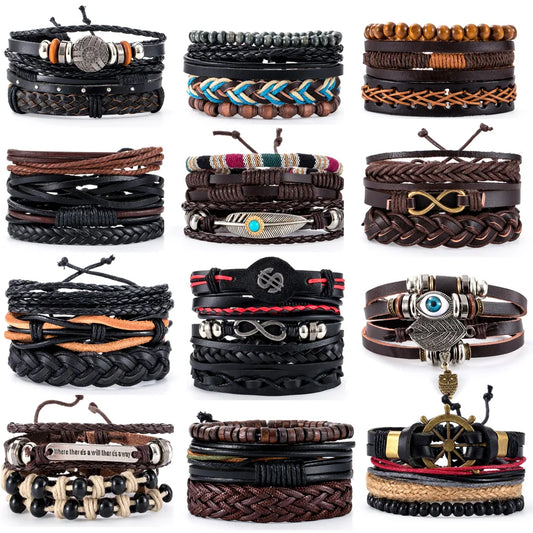 Hot Sale Retro Multi-layer Leather Bracelets For Man Wooden Beads Bracelet Handmade Owl Anchor Infinty Charm Bracelet Wrap Jewel