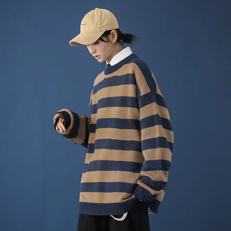 Autumn Winter Contrast Stripe Knitted Sweater 6 Color Men And Women's Pullover Black Red Striped Oversized Sweater Hot Sale