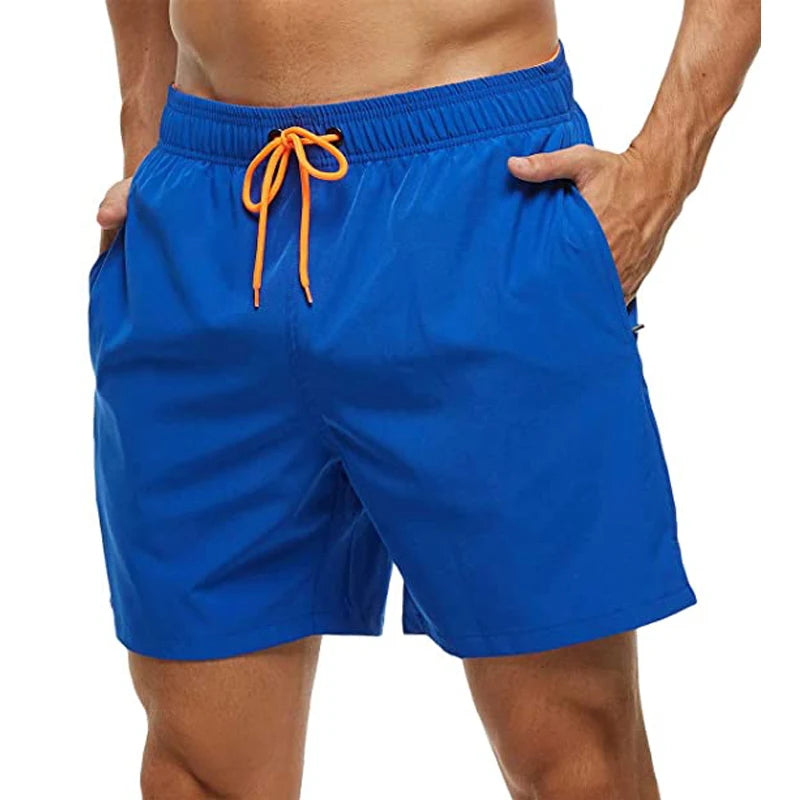 Elastic Closure Men's Swim Trunks Quick Dry Beach Shorts with Zipper Pockets and Mesh Lining