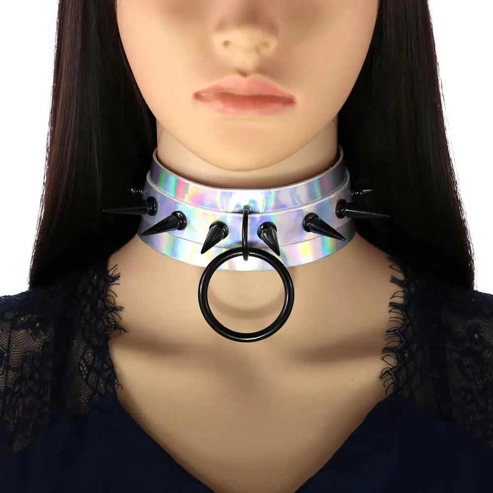 Punk Gothic Black Rivets Spike Laser Hologram PU Leather Choker Necklace for Women Holographic Harness Collar Anime Jewelry Gift