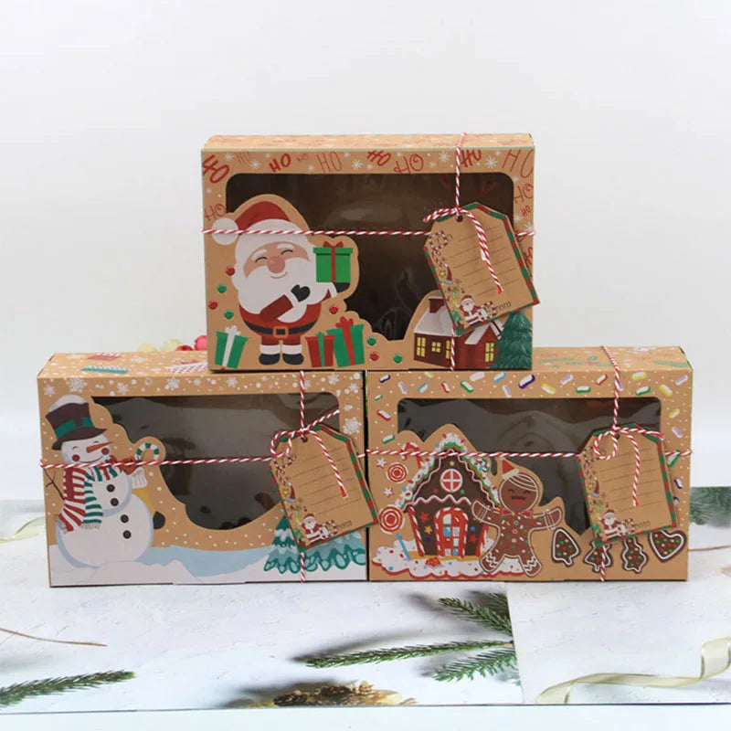 3/6pcs Merry Christmas Cookie Boxes Snowman Santa Claus Food Box with Window Pie Dessert Kraft Paper Package Box Drop Shipping