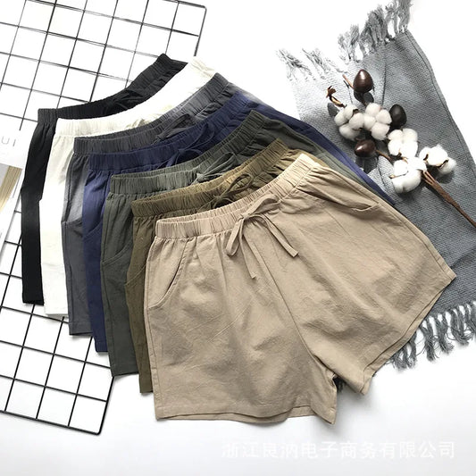 Women's Loose Linen Cotton Shorts, Casual Korean Wide Leg Pants, Drawstring, Elastic Waist, Bikers, Spring, Summer, 2024