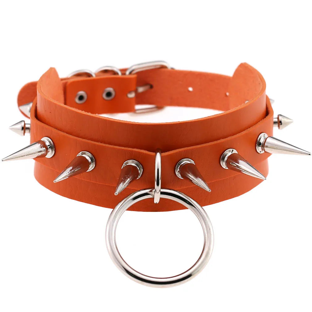 2021 Summer Fashion Punk Orange Color PU Leather Necklace For Women Goth Spike Choker Necklace Couple Jewelry Egirl Party Gifts