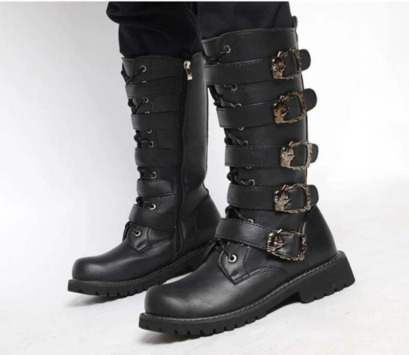 Men's PU Leather Motorcycle Boots High Over the Knee  Boots Gothic Belt Punk Boots Men Shoes Boot