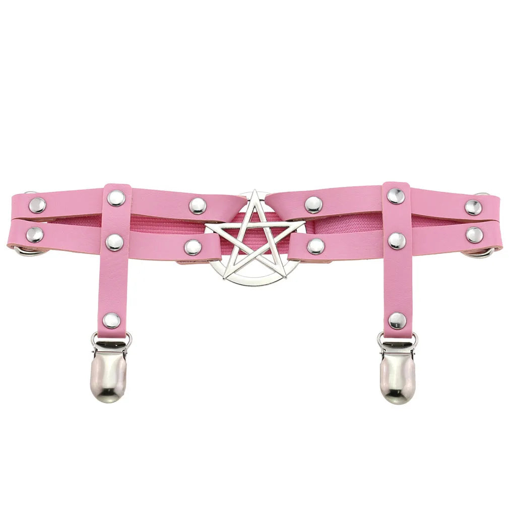 2021 Women Rock Sexy Elastic Leather Heart Leg Punk Thigh Garter Belt Cosplay Spike Rivet Pink Gothic Thigh Ring Heart Garter