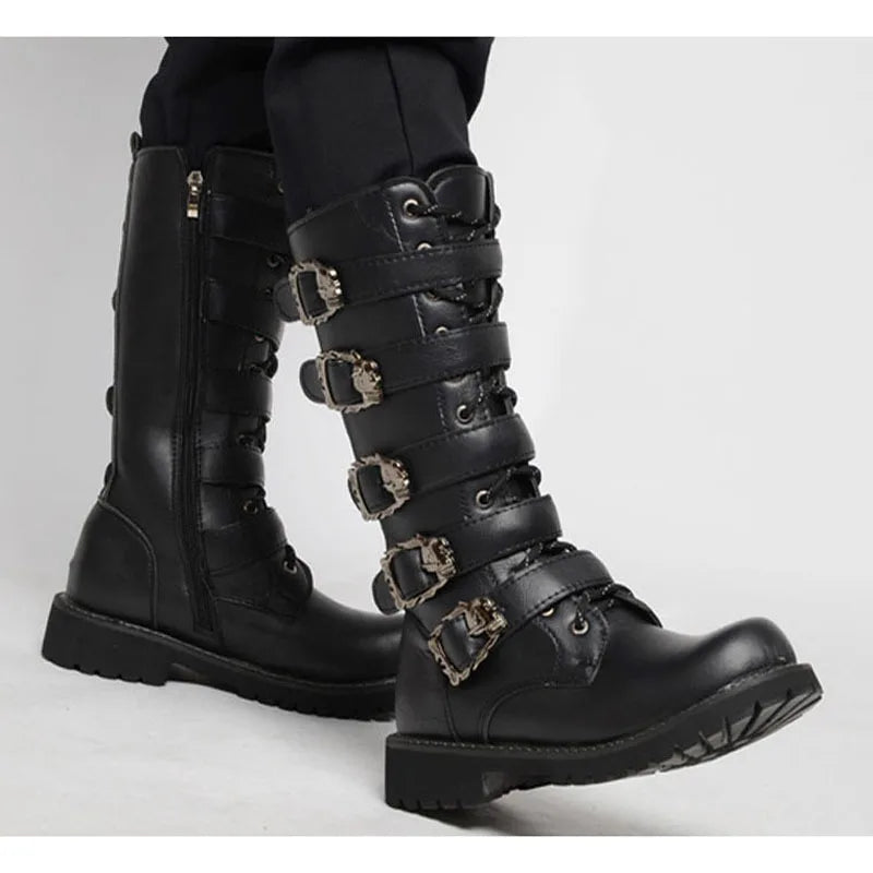 Men's PU Leather Motorcycle Boots High Over the Knee  Boots Gothic Belt Punk Boots Men Shoes Boot