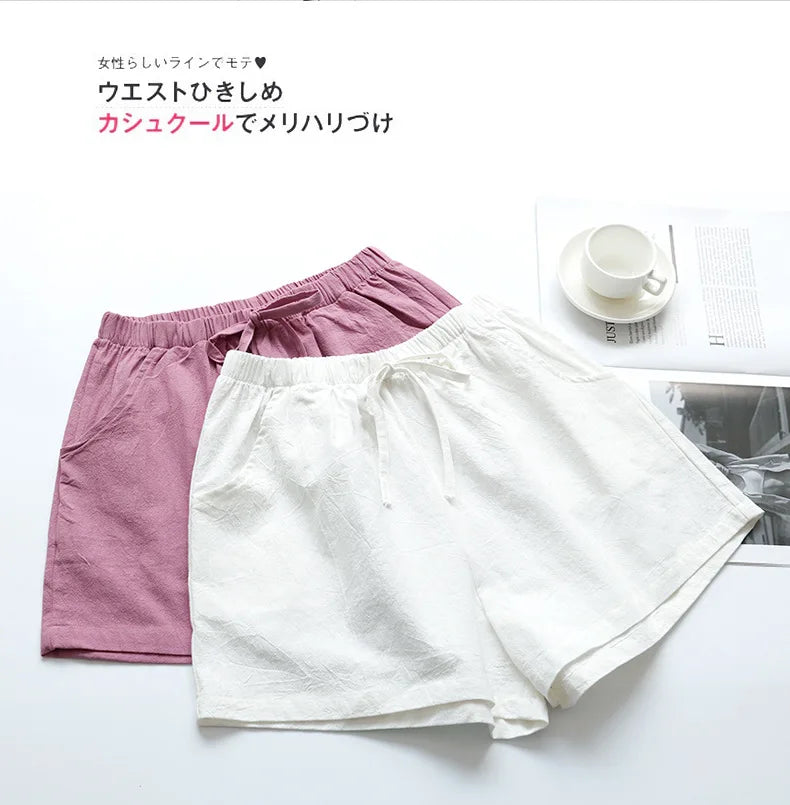 Women's Loose Linen Cotton Shorts, Casual Korean Wide Leg Pants, Drawstring, Elastic Waist, Bikers, Spring, Summer, 2024