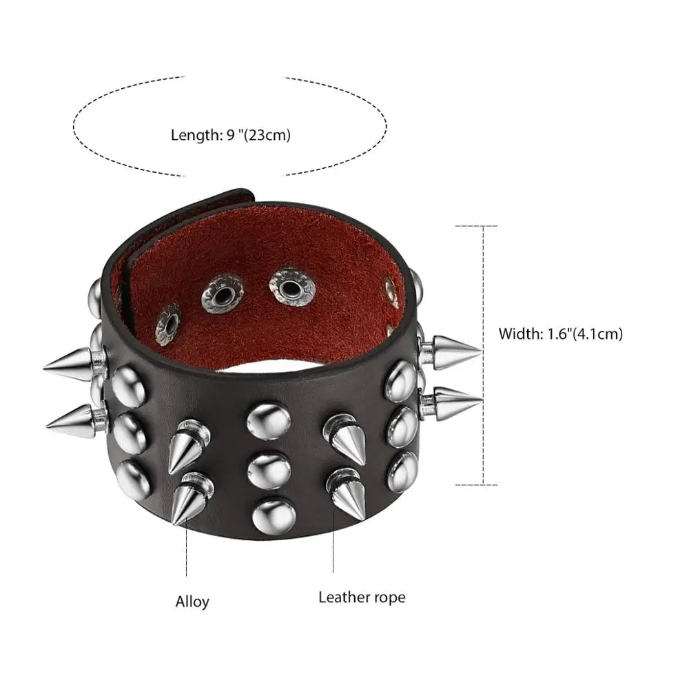 Boniskiss Punk Gothic Heavy Rivet Spike Stud Cone Wide PU Leather Cuff Bracelet Men Womens Wristband Cosplay Rock Unisex Jewelry