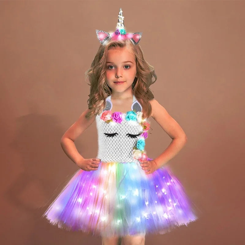 Evening Unicorn Dress LED Light Shiny Flower Girls Costumes for Birthday Party Halloween Cosplay Costume Kids Christmas Clothing