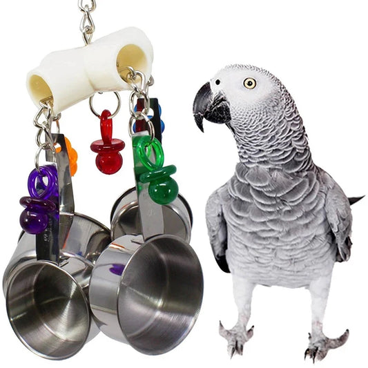 Pet Bird Parrot Toys 4 Stainless Steel Pots String Bird Chewing Bite Toys Acrylic Cage Accessories Pets Birds Supplies