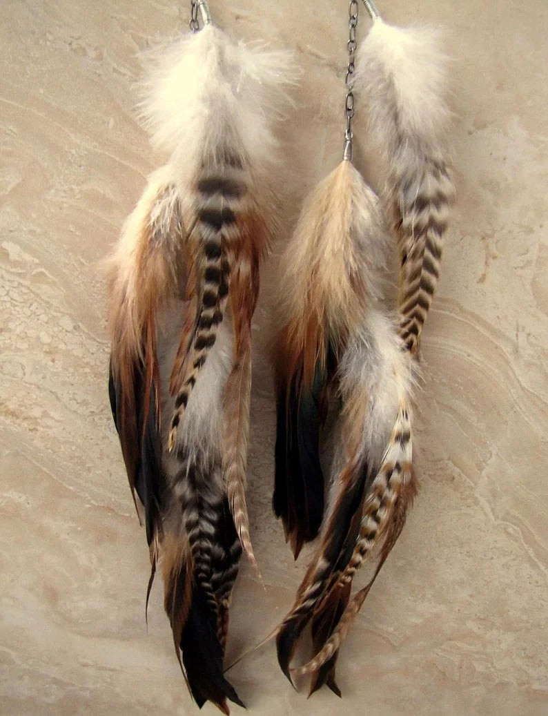 Gorgeous Purple black and white polka dot Feather Earrings Extra Long Feather Earrings - Long Brown Feather Earrings