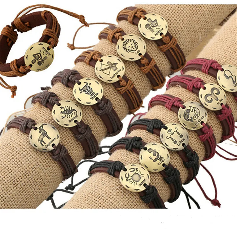 12pcs/lot Fashion 12 Zodiac Signs Leather Bracelet Constellations Charm Bracelets Adjustable Bracelet Bangle Cuff Jewelry Gifts