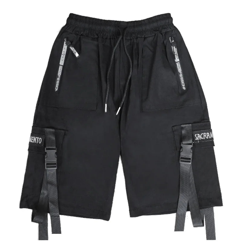 Summer Men Shorts Techwear Japanese Harajuku Fashion Hip Hop Punk Streetwear Cargo Shorts for Male Joggers Ribbons Baggy Clothes