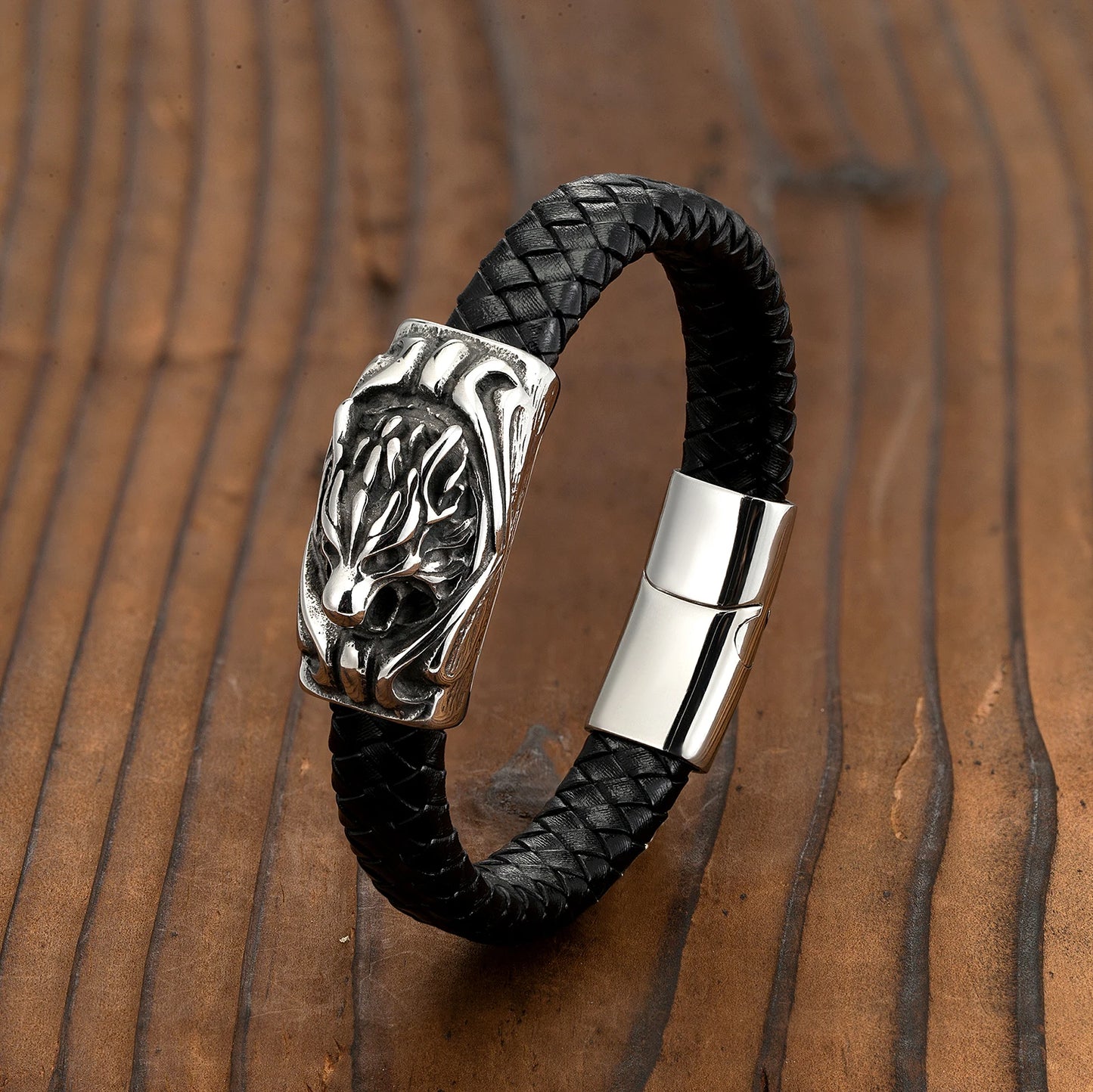 European and American Trendy Punk Style Snake Head Wolf Head Men's Stainless Steel Bracelet Leather Cord Bracelet Jewelry