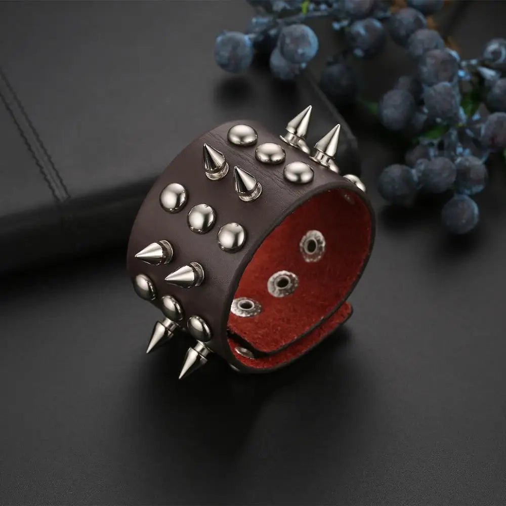 Boniskiss Punk Gothic Heavy Rivet Spike Stud Cone Wide PU Leather Cuff Bracelet Men Womens Wristband Cosplay Rock Unisex Jewelry