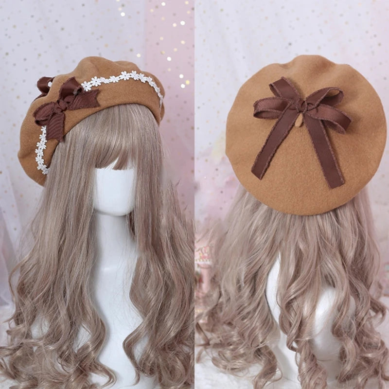 Soft Sweet daisy Bow Hat French Biscuit Hat Beret Wool Painter Side Fold Hairpin Lolita Accessory Sweet Cute Female