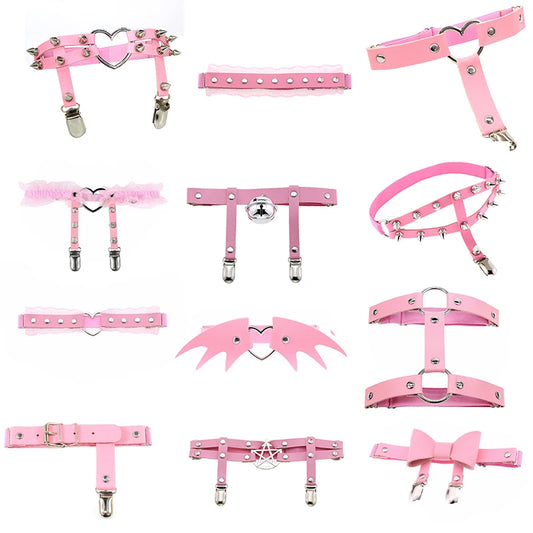 2021 Women Rock Sexy Elastic Leather Heart Leg Punk Thigh Garter Belt Cosplay Spike Rivet Pink Gothic Thigh Ring Heart Garter