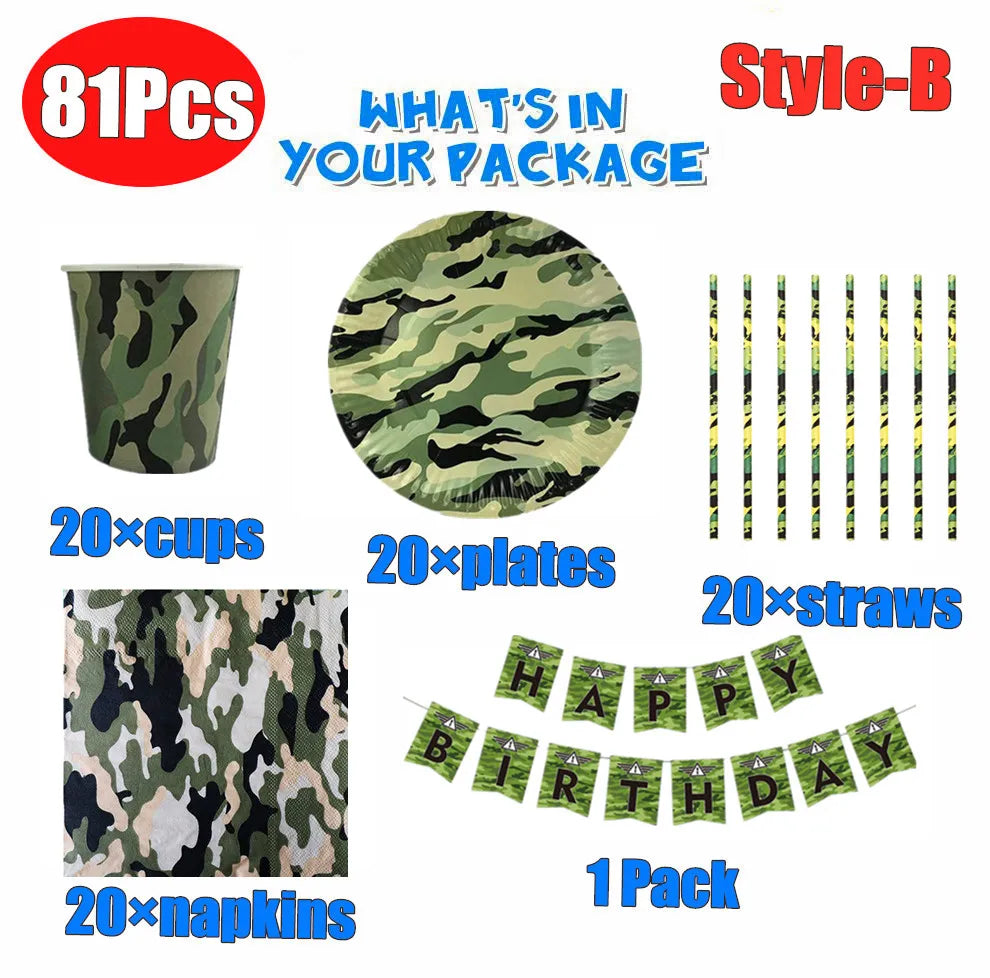 Camouflage Theme Party Army Green Decorations Tableware Paper Cup Plate Napkins Banners Baby Shower Kids Birthday Party Supplies