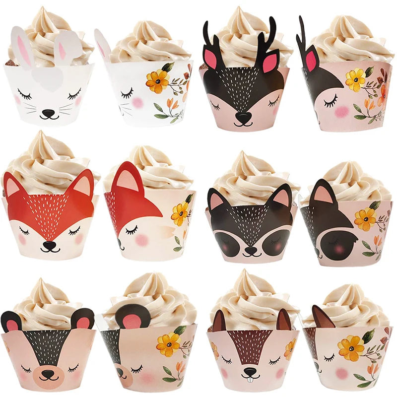 New Animals Cupcake Wrappers Cartoon Red Fox Rabbit Birthday Party Decorations Kids Jungle Theme Party Cake Decorating Supplies