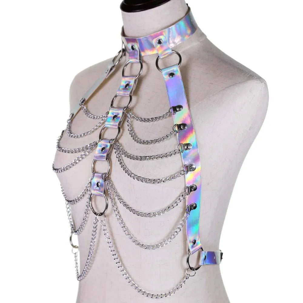 Holographic Leather  Body Chain Harness Top Punk  Women Holo Rainbow  Waist  Jewelry  Festival Rave Outfit