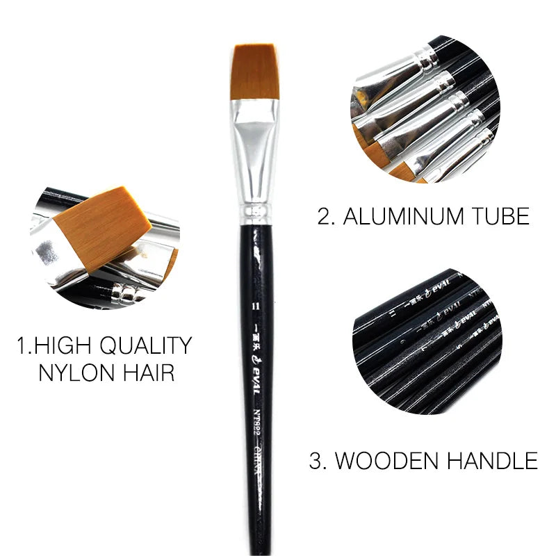 Professional Nylon Flat Brushes Short rod Artists Oil Acrylic Watercolor Brush 6 pcs Set For Art Supplies DIY Drawing Material