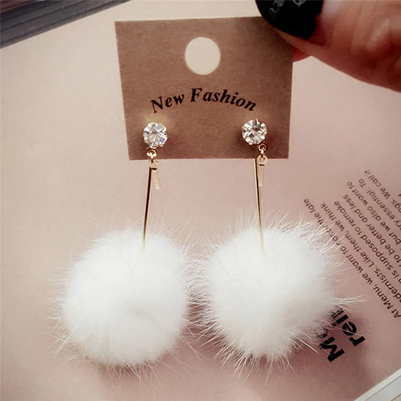 Long Drop Earrings Soft Pom Pom Ear Dangle Rabbit Fur Ball Pom For Women Crystal Earring Jewelry Cute Christmas Gift