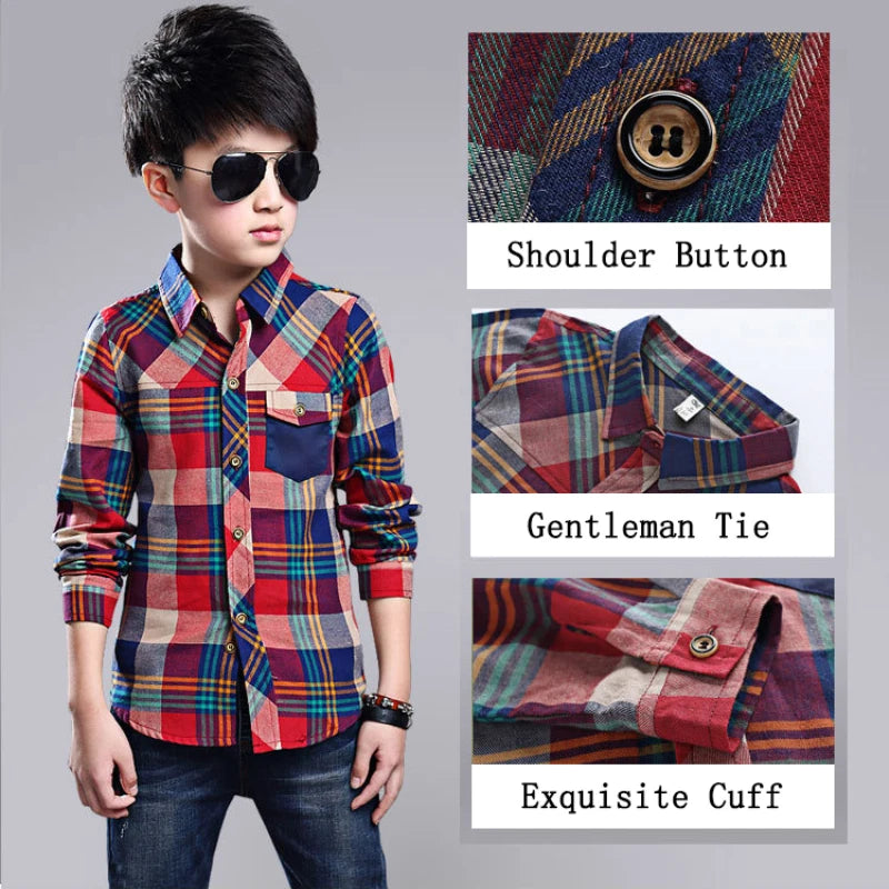 New 2024 Spring Cotton Kids Clothes Fashion Casual Handsome Shirt for Children blouses Boys Plaid Long Sleeve dress Shirts