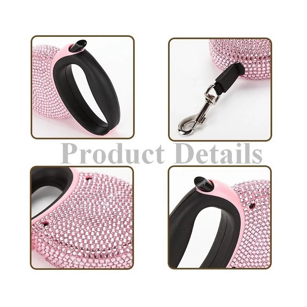 Pet Retractable Leash With Rhinestone Bling Crystal Cat Puppy Dog Lead  Pink Blue 3M Flat Line Drop Shipping