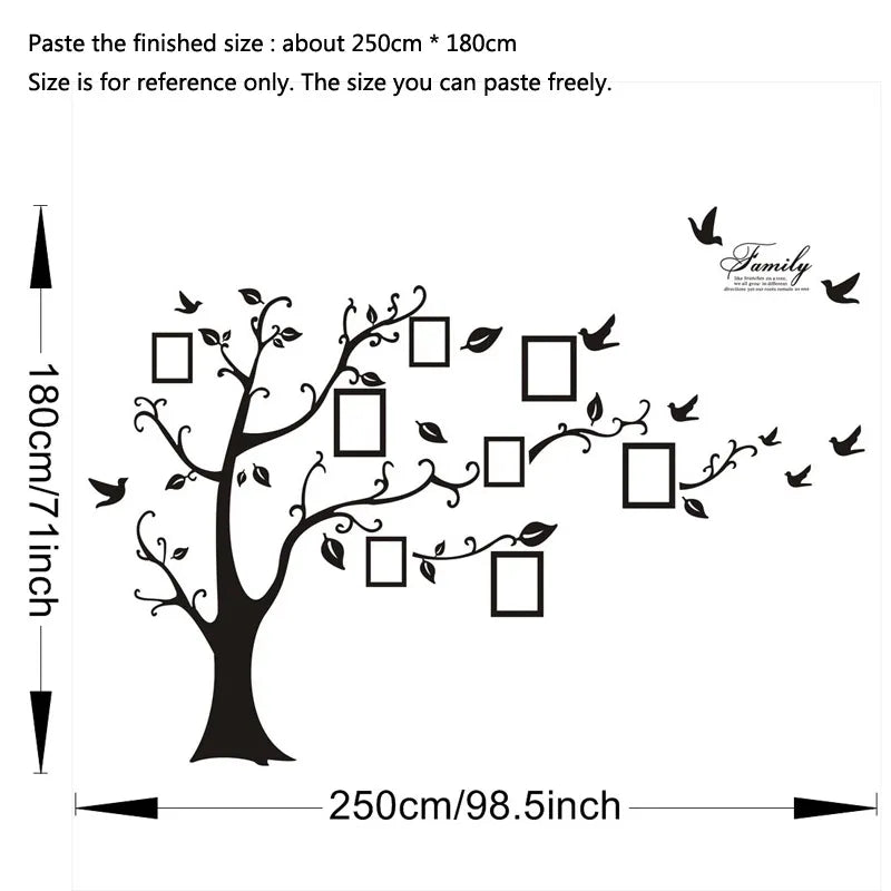 Large 250*180cm/99*71in Black 3D DIY Photo Tree PVC Wall Decals/Adhesive Family Wall Stickers Mural Art Home Decor Free Shipping