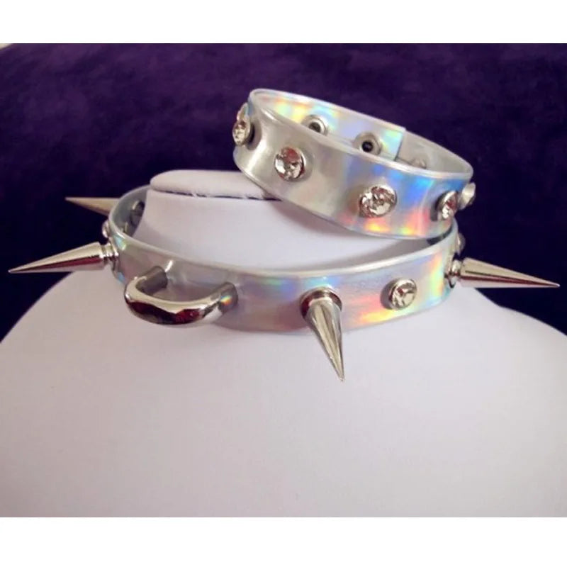 Punk Fetish Gothic Choker 100% Handmade  Holographic Laser Collar Long Spiked Spike Rainbow Necklace